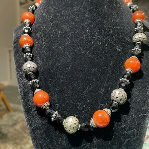 Vintage fire crackle agate and silver-tone bead necklace